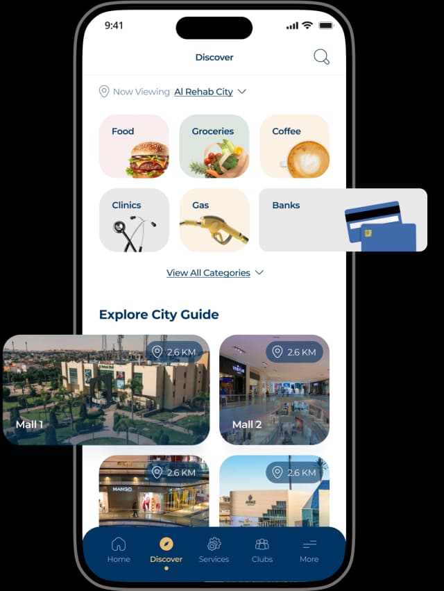 TMG Life Discover screen showing city guide with food, groceries, clinics and nearby places