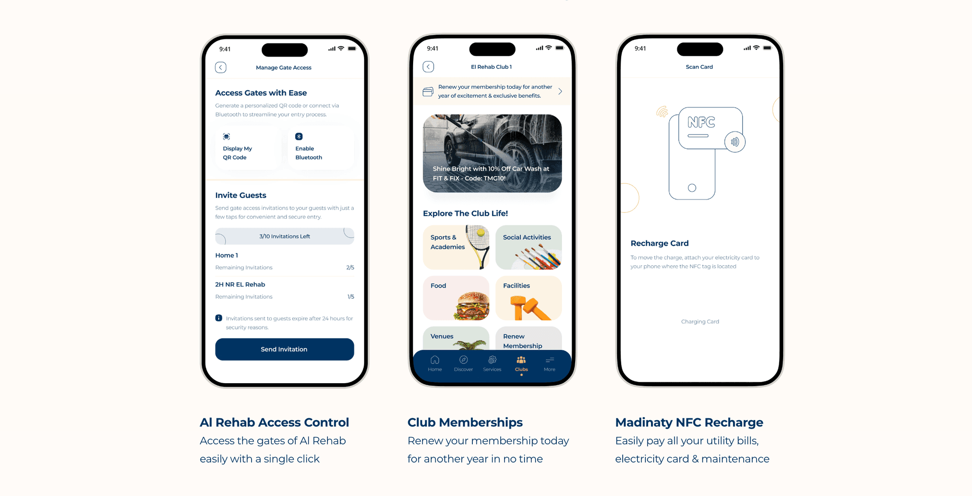 TMG Life app feature screens: Al Rehab access control, Club Memberships, and Madinaty NFC Recharge